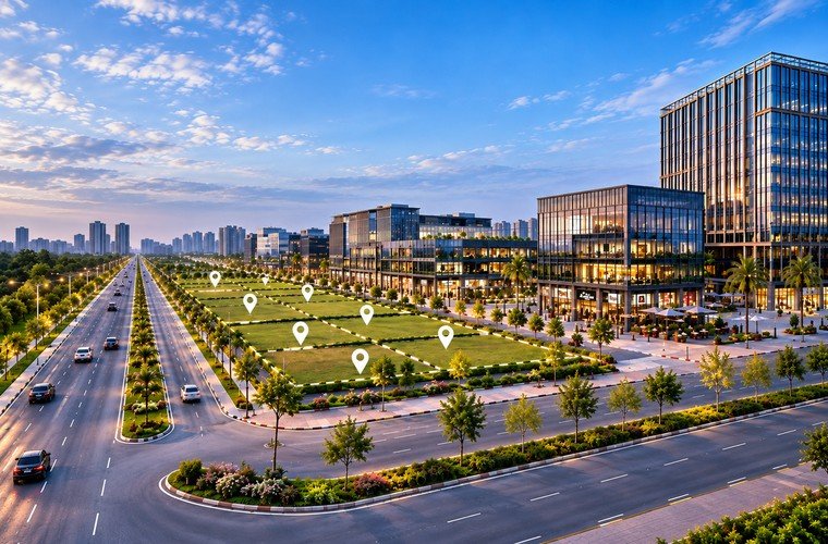 Premium commercial plots with landscaped roads and modern commercial buildings