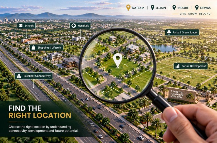 Planned township location with map, location pin and nearby schools, hospitals, parks and connectivity